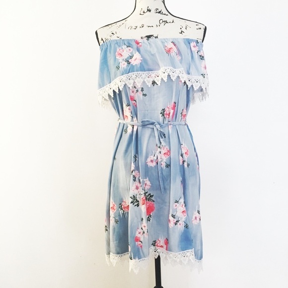 Floral Denim Loom Off The Shoulder Dress - Picture 5 of 8